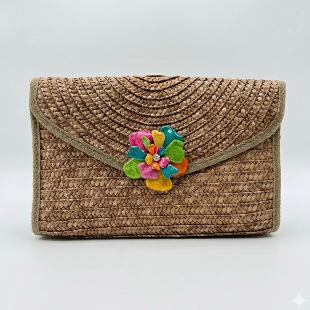 Boho-Chic Woven Straw Clutch with Vibrant Enamel Flower